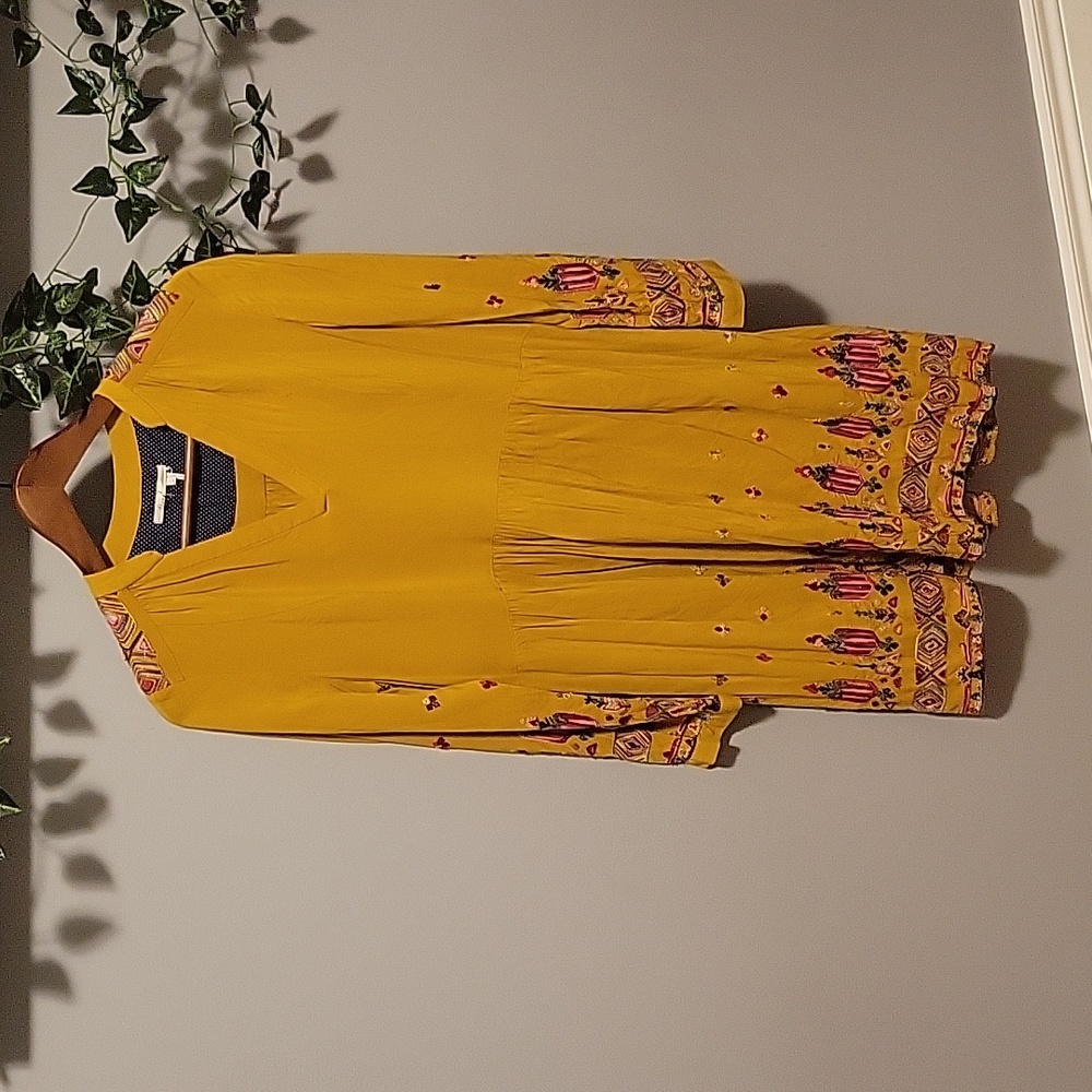 Anthropologie Mustard Yellow Embroidered Border Long-Sleeve Dress - Picture 2 of 11